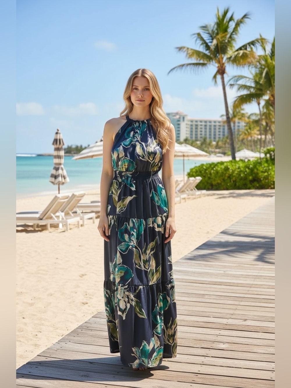 NICOLE MILLER Navy Floral Halter Maxi Dress Medium NEW Boho Resort Cocktail